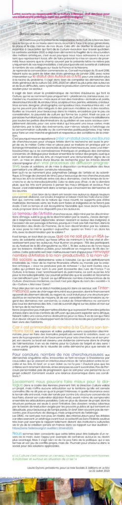 Lettre ouverte et état des lieux le statut de l'artiste et la Culture